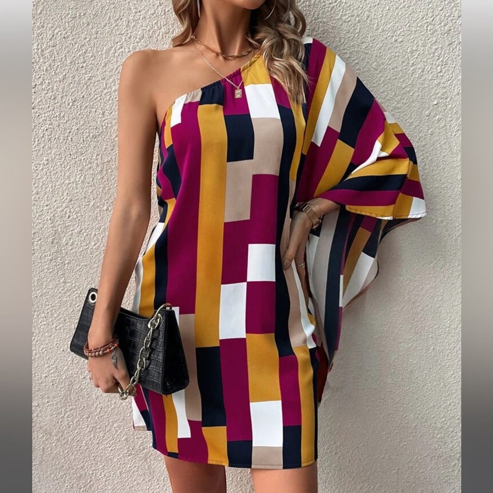 Vestido con estampado geométrico de un hombro de manga murciélago TALLA XL